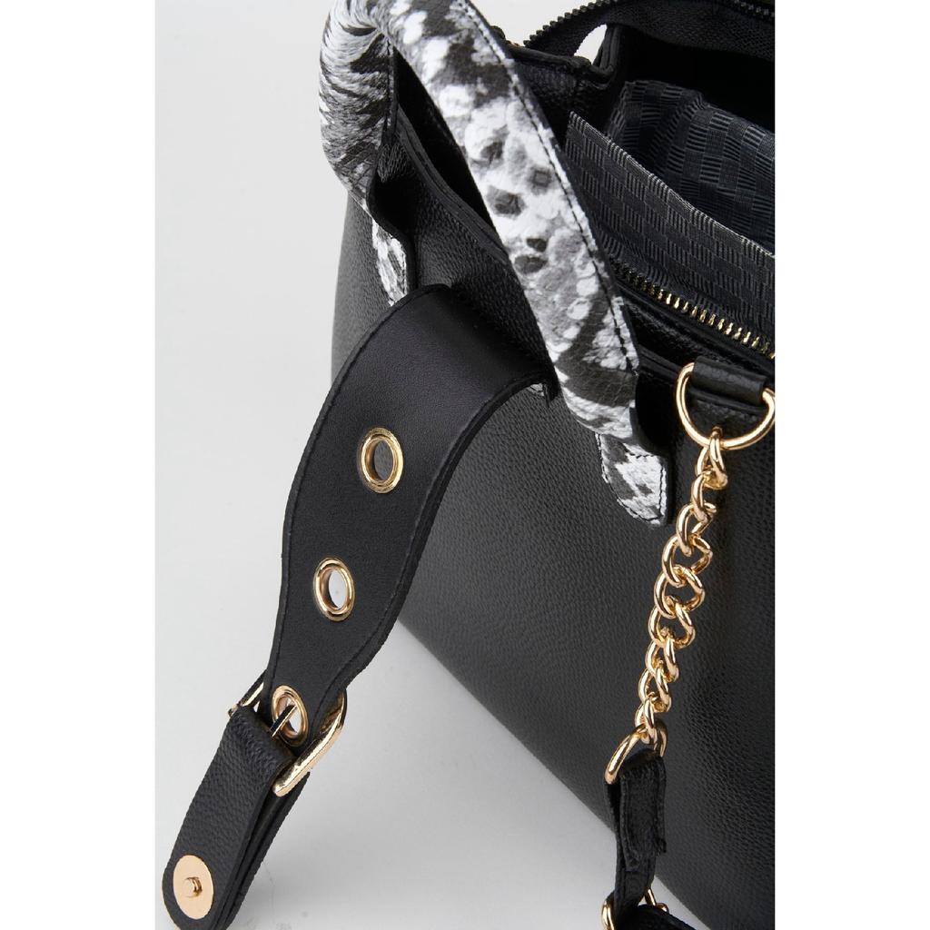 Women's Black Faux Leather Croco Patterned Strap Snap Fastener Zipper Closure Hand And Shoulder Bag