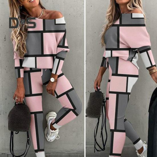 2 Pcs/Set Women Top Pants Suit Color Matching Off Shouder Long Sleeve Loose Elastic Waist Patchwork Women Spring Fall T-shirt Trousers Set Lady