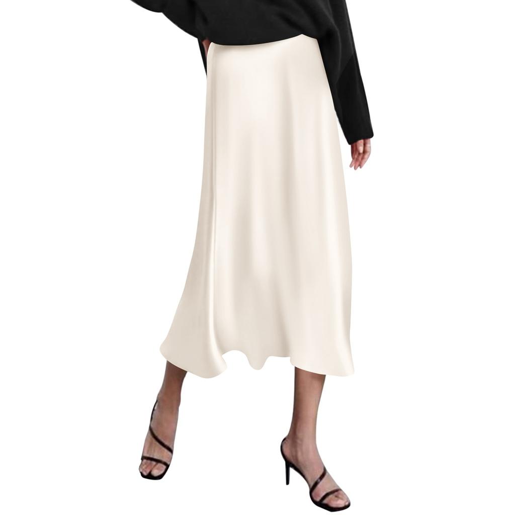 Women's High Waist Skirt Women's A-line Skirt Summer Solid Color Midi Skirt High Waist