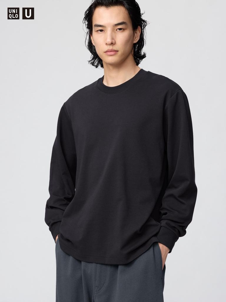 Uniqlo 486102 Хлопковая футболка с длинным рукавом и круглым вырезом AIRism ЗЕЛЕНЫЙ БЕЛЫЙ ТЕМНО-СЕРЫЙ ЧЕРНЫЙ РОЗОВЫЙ СИНИЙ ФИОЛЕТОВЫЙ Мужская Япония