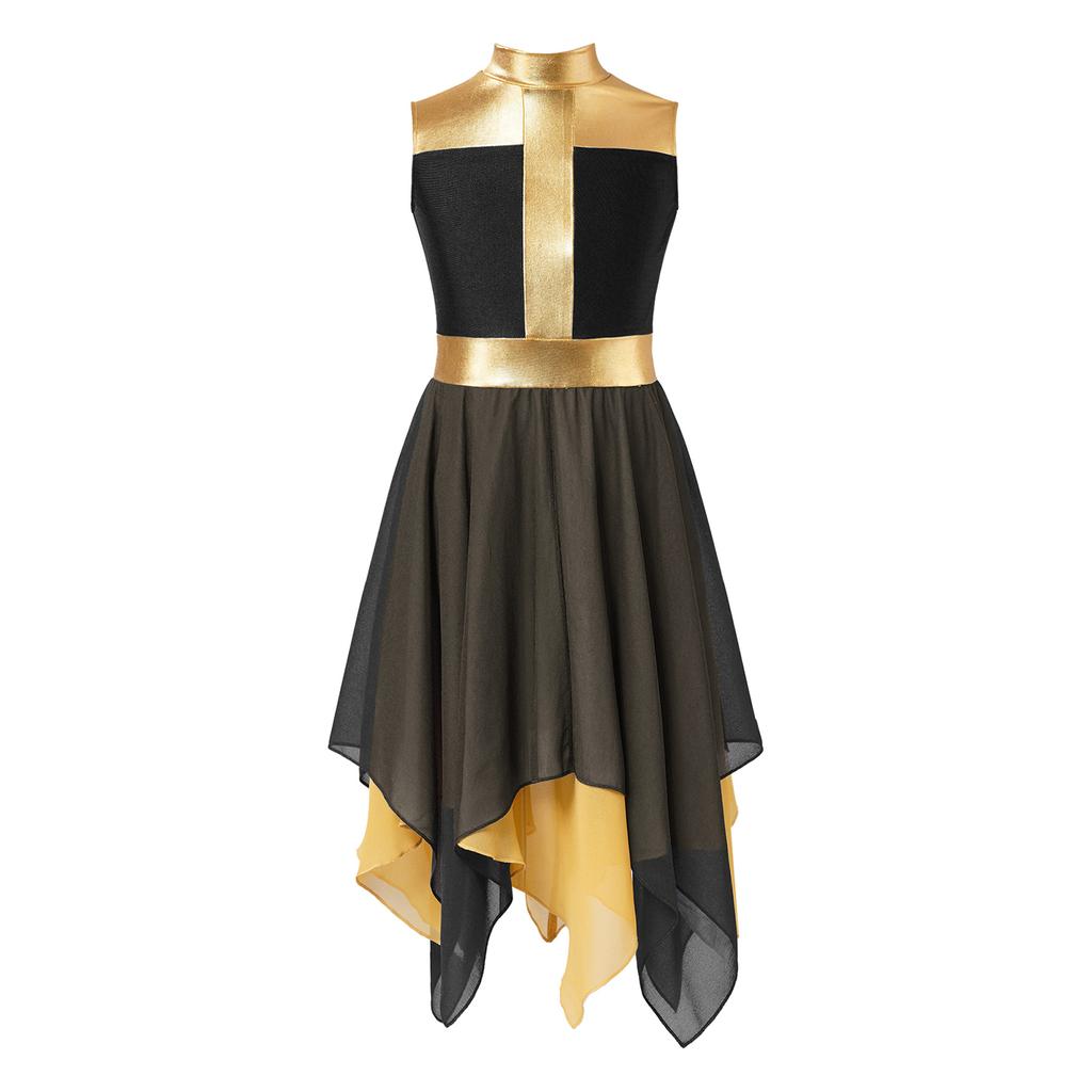 Girls Worship Dance Dress Sleeveless Chiffon Hem Contrast Design Cross Print Praise Lyrical Performance Costume