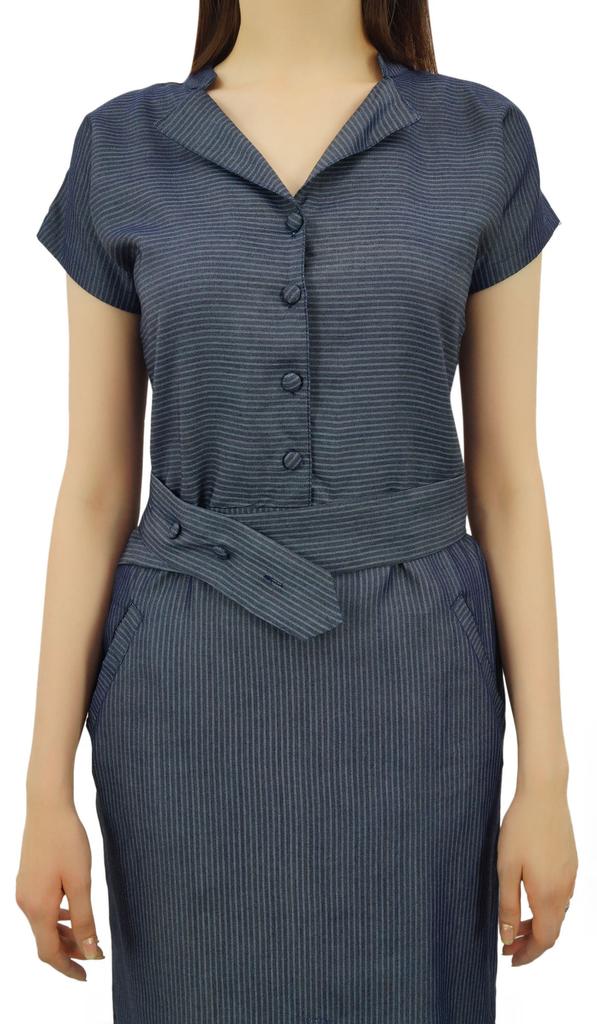 Bimba Женское облегающее платье из шамбре с короткими рукавами и воротником-стойкой с поясом