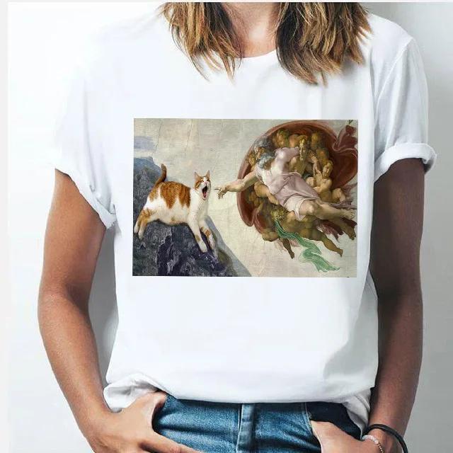 Oil Painting Cat Women's Fashion Personality Spoof Classic Oil Painting T-shirt Women Clothing Tops Harajuku Aesthetic Oversized