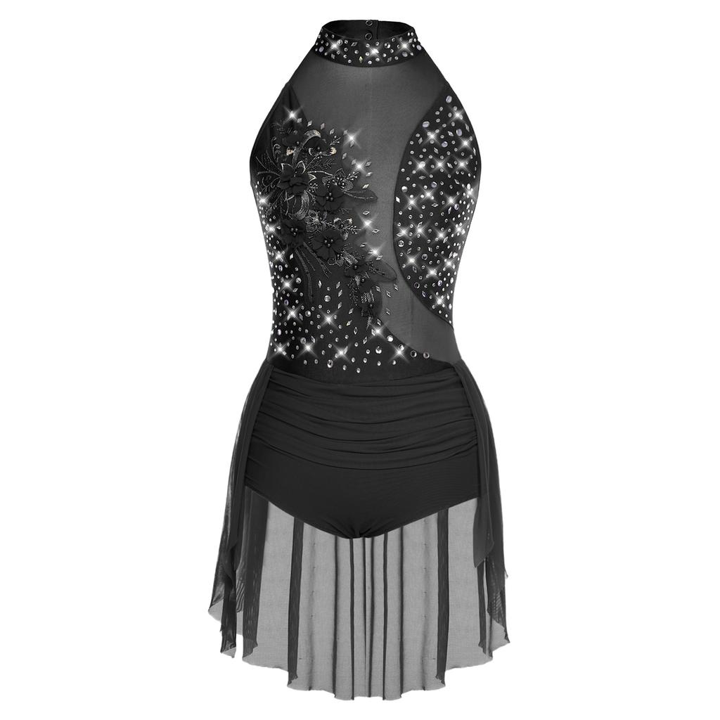 Womens Sparkly Latin Dance Wear Rhinestone Applique Sleeveless Back Hollow Skirted Leotard Gymnastics Bodysuit