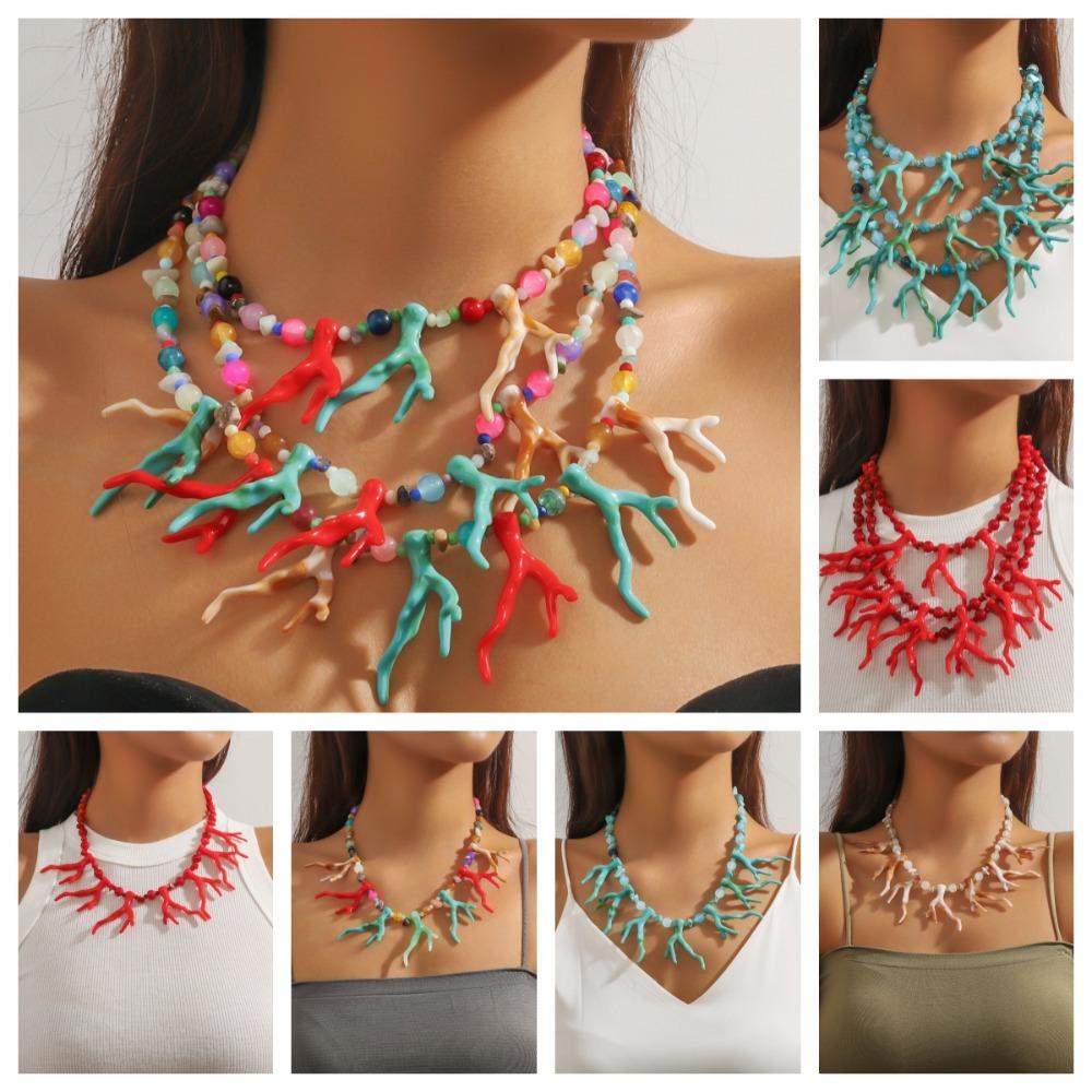Богемское ожерелье из коралловых бусин, преувеличенный океанический стиль, пляжный чокер, коралловая подвеска, лето