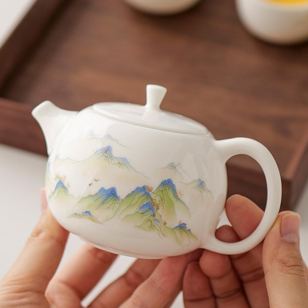 Suet jade white porcelain teapot household Chinese ceramic Xishi pot kung fu teapot one person tea set single pot teacup