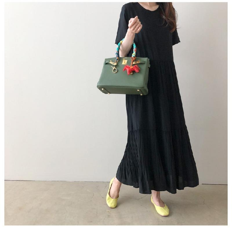 Summer Solid Color Round Neck Literary Loose Pleated Short Sleeve Dress