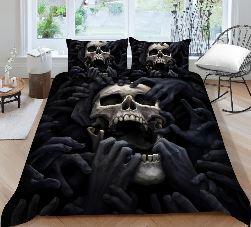 3D Skull Head Pattern Fashion Home Bedding Single Double Bed Full Size Pillowcase and Quilt Cover 2/3 Pieces of Microfiber Home Decoration