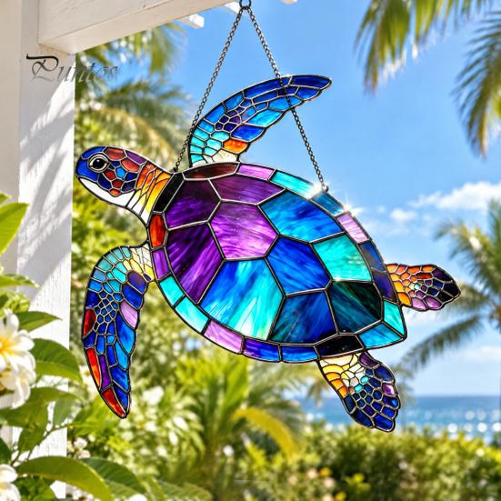Peaceful Ocean Vibe Decor Sea Turtle Suncatcher, Acrylic Window Hanging Ornament, Faux Stained Glass Themed Gifts for Women Coastal Lovers,