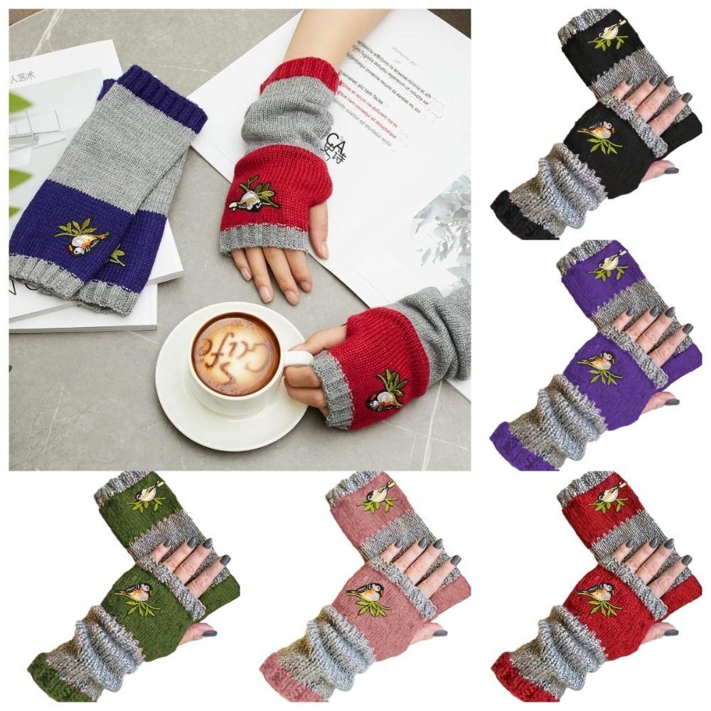 Soft Half Finger Gloves Embroidered Bird Y2k Winter Mittens Knitted Fingerless Gloves Winder