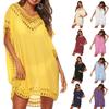Women's Beach Smock Plus Size Solid Color V-neck Sexy Hollow Dress Bikini Swimwear Beach Smock