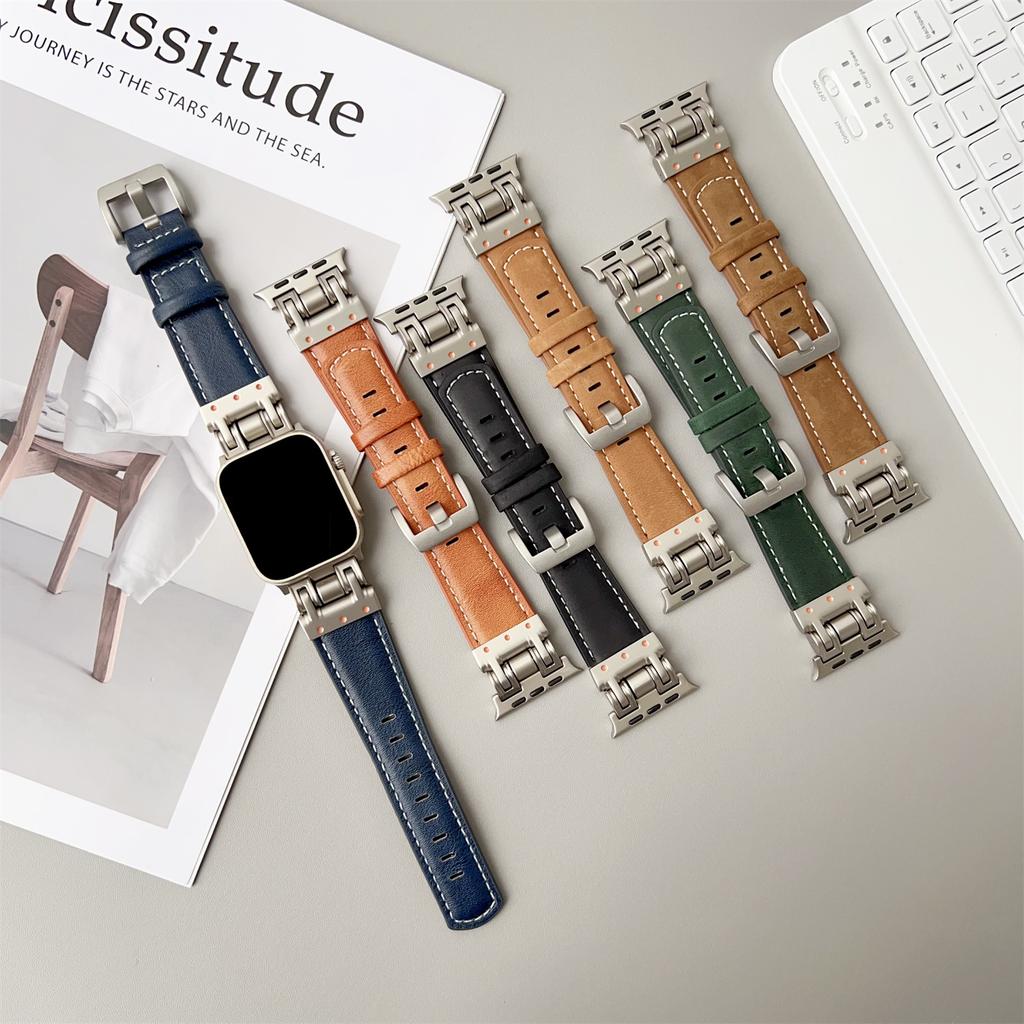 Leather Watch Band For Apple Watch Series 10 9 8 7 SE 6 5 4 3 2 1 42mm 41mm 40mm 38mm Crazy Horse Texture Wrist Strap