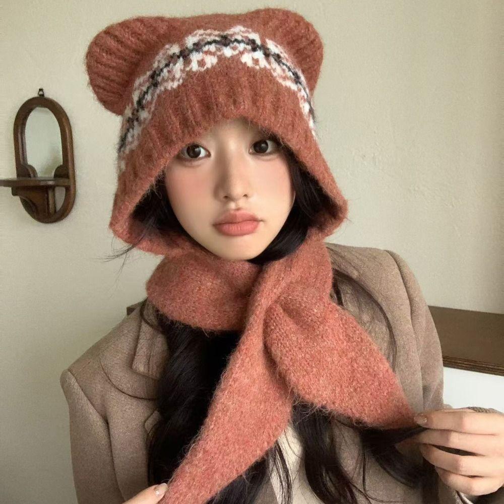 Ethnic Style Jacquard Knitted Hat Fair Isle Style Printing Knit Cap Cute Bear Ears Beanies Outdoor