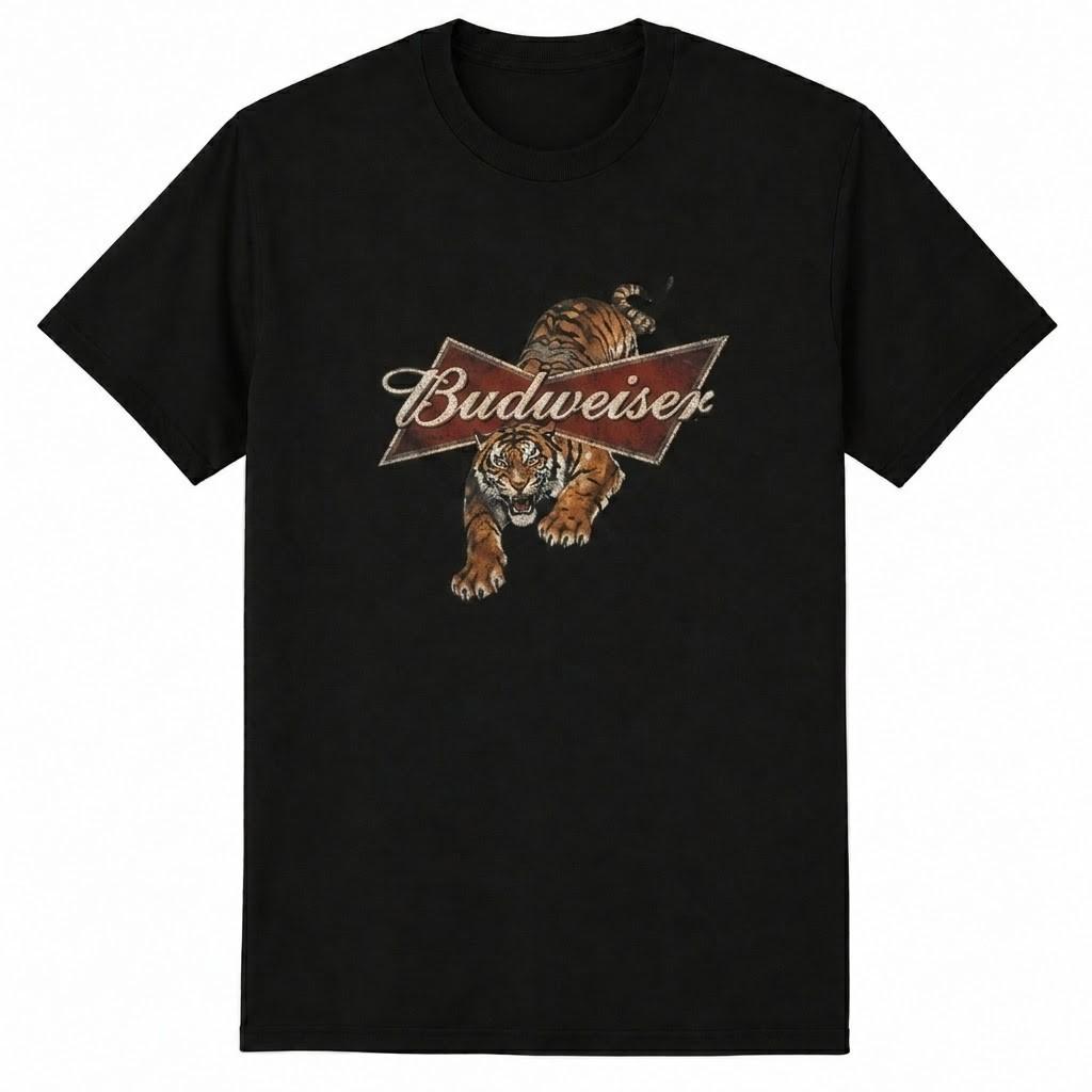 Tiger Graphic Tee Vintage Beer Retro Y2K Streetwear Casual Black Shirt Reprint