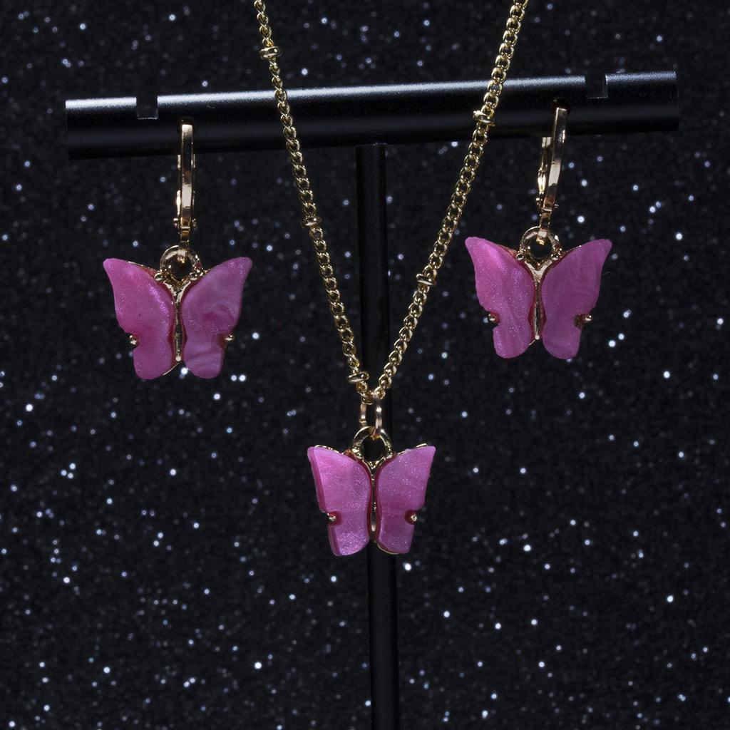 Acrylic Butterfly Pendant Earrings Necklace Combination Set Japan And South Korea Sweet Style Alloy Chain Jewelry Set