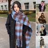 Women Scarf Plaid Print Thickened Warm Long Shawl with Tassel Trim Versatile Winter Blanket Wrap Daily Wear