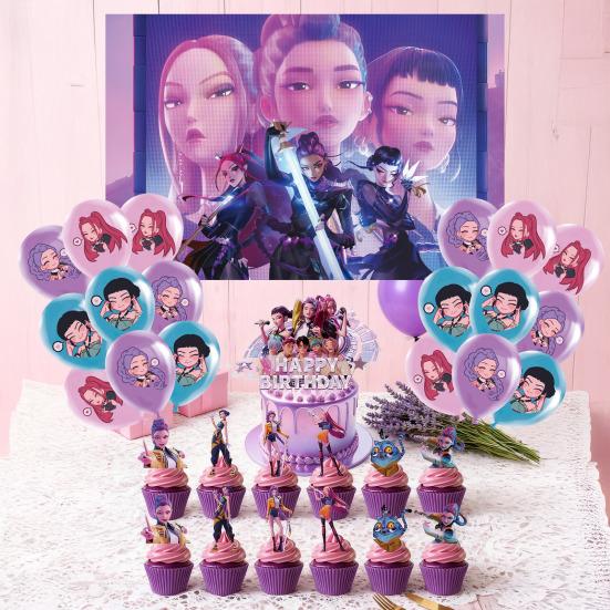 Birthday Party Decor Kit Themed Banner Cake Toppers & Spiral Balloons for K-POP Music Dance Theme Celebration Pink Girls Party Supplies