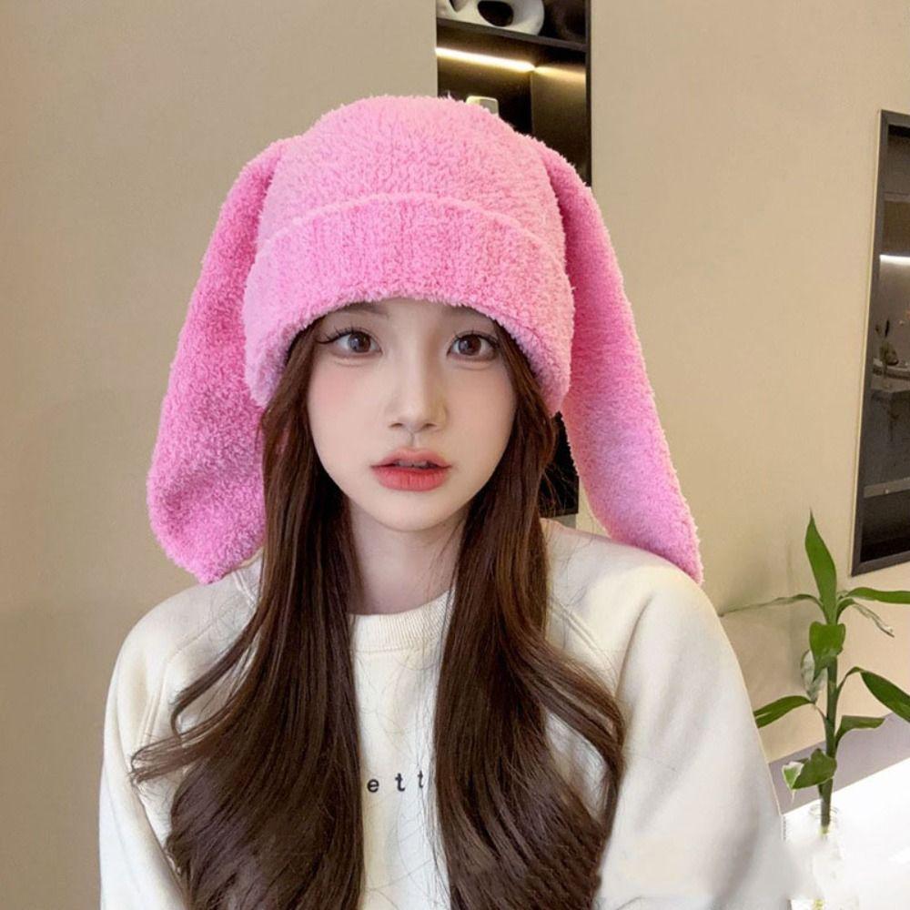 Knitted Rabbit Ear Hats Solid Color Plush Skull Cap Lovely Women Beanie Hat Girl