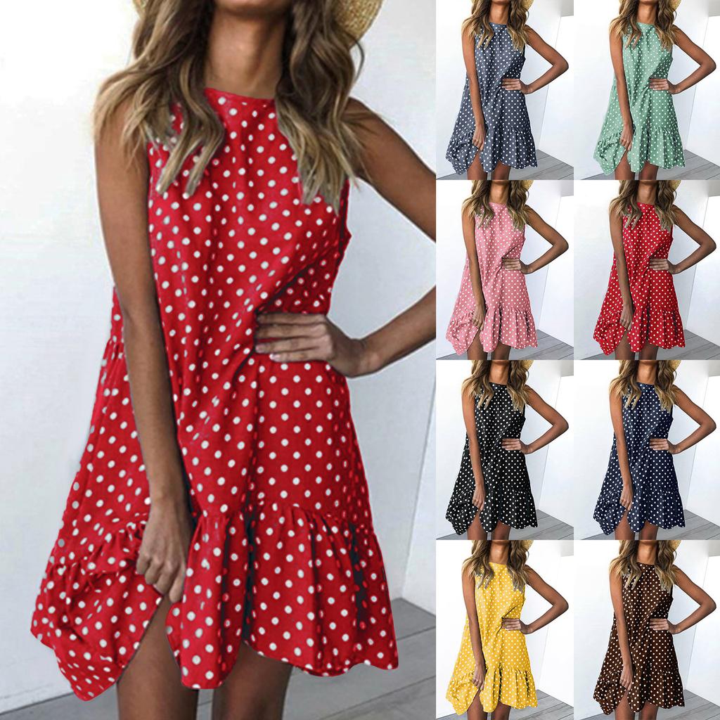 Fashion Women  Sleeveless Polka Dot Loose Casual Ruffle Dress