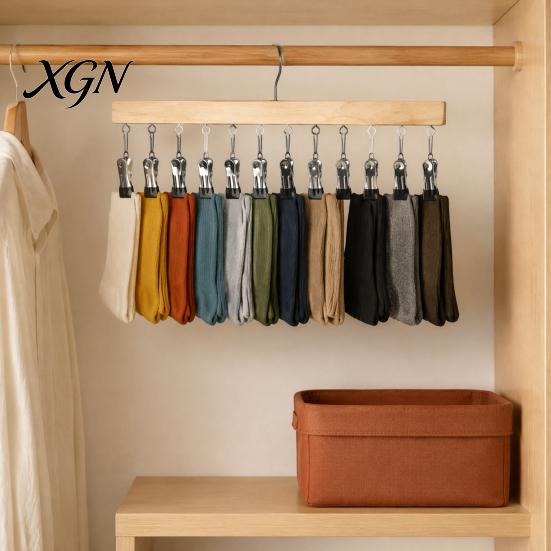 Leggings Organizer for Dorm Legging Hangers with 12 Clips, Space Saving Wooden Pants Closet Underwear And Accessory Organizer, 360 Degree