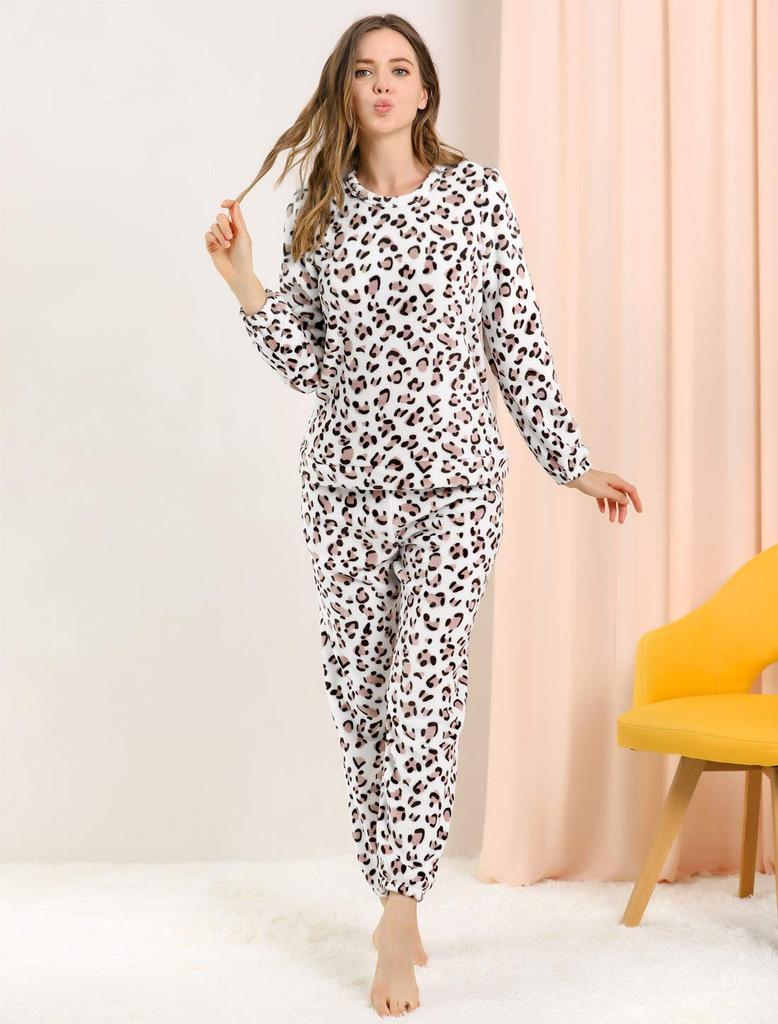 Allegra K Women's Fluffy Flannel Pajamas, Winter Loungewear, Long Sleeve Top and Bottom Set, Leopard Print, Size M