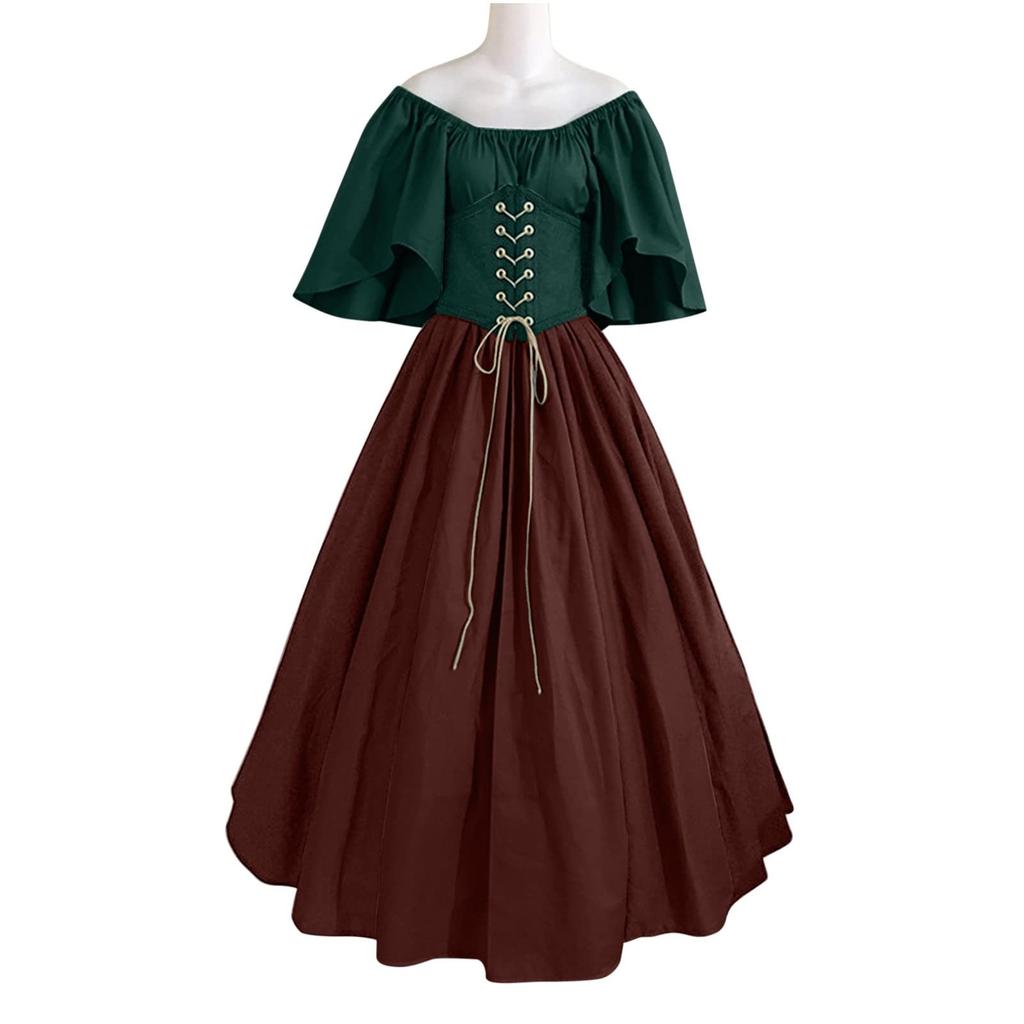 Women's Renaissance Medieval Costume Dress, Off Shoulder Lace-Up Corset Gown for Halloween and Cosplay