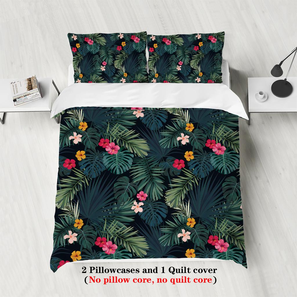 3pcs palm leaves pattern printed bedding set, suitable for teenagers and adult's bedroom, camping, 1*duvet cover+2*pillowcase