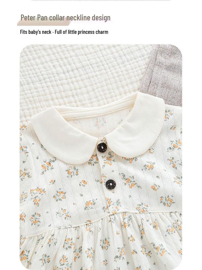 Летний хлопковый комплект из двух предметов для девочек с цветочным принтом: Дышащая, Ультратонкая футболка с коротким рукавом и увеличенной областью для подгузника для младенцев