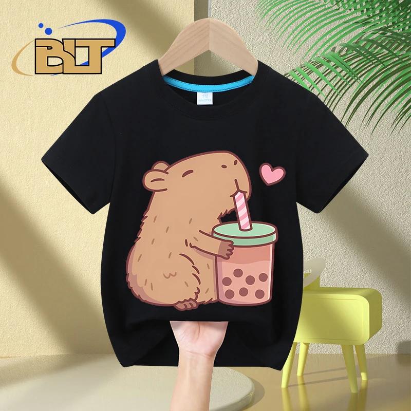 Милая детская футболка с принтом Capybara Loves Bubble Tea, летние детские повседневные топы из чистого хлопка с короткими рукавами, подарки для мальчиков и девочек