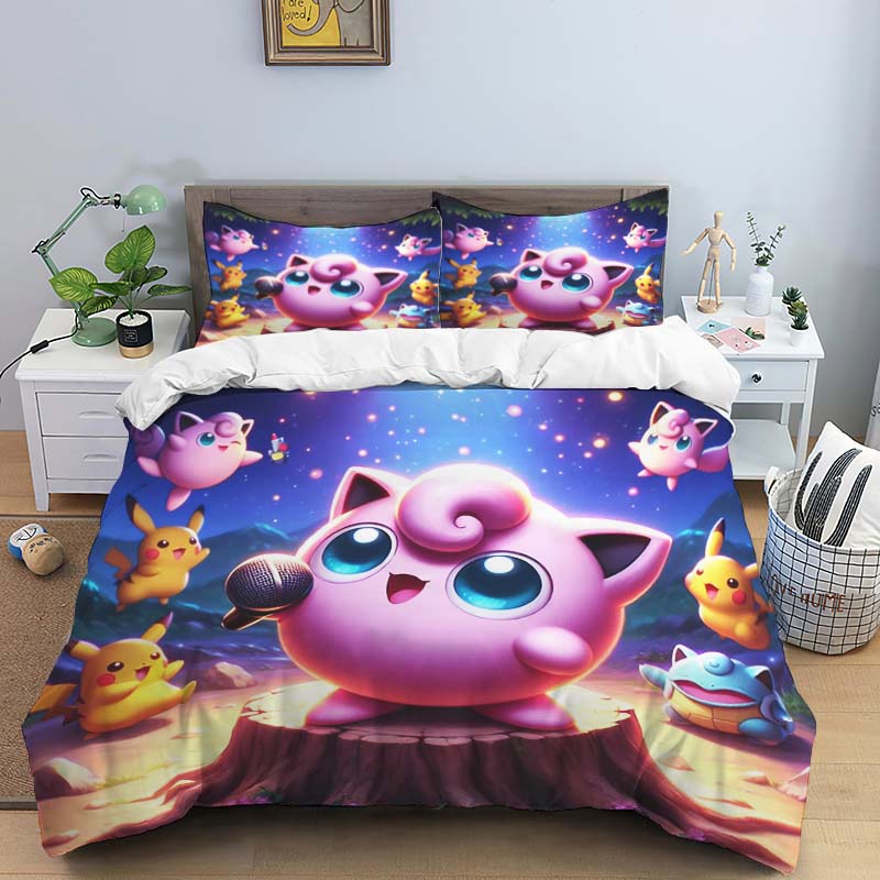 New Pokémon Jigglypuff print three-piece bedding set, including 1 duvet cover and 2 pillowcases, suitable for adults and childre