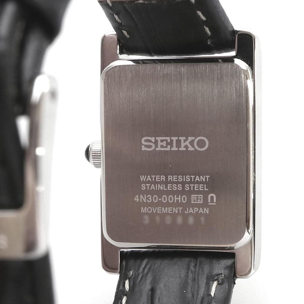 Seiko Женские кварцевые часы квадратной формы SWR053 Белый циферблат Черный кожаный ремешок