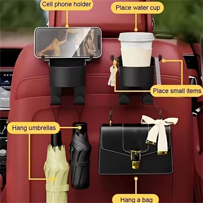 Multi-functional car hooks for seat backs, car interior storage, cup holders, phone holders, and car organization.
