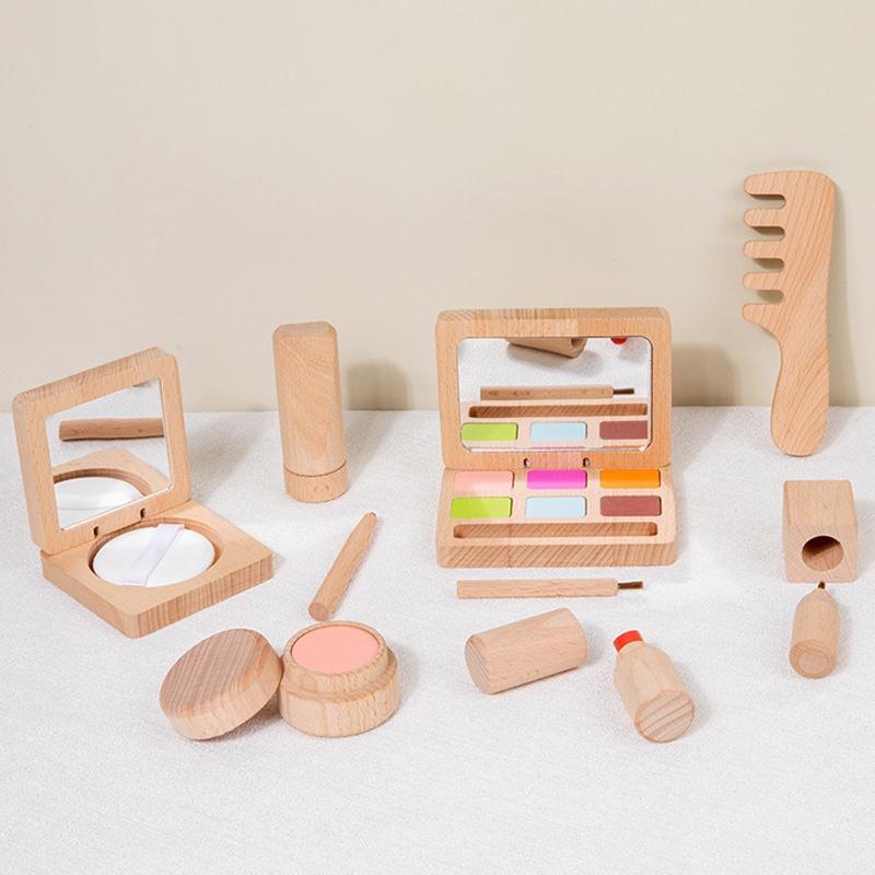 Wooden Makeup Toy Set For Kids Lipstick Eyeshadow Blush Pretend Play Cosmetics Kit