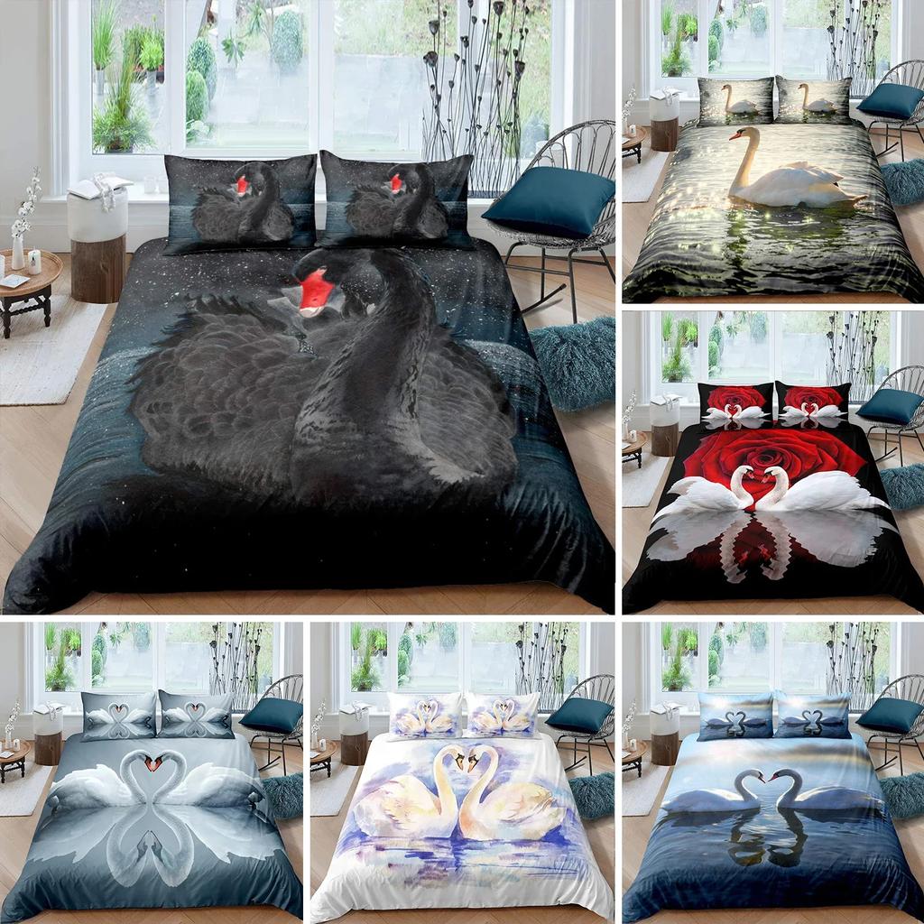 Swan Black And White Swan Comfortable Duvet Quilt Cover Pillowcase Bedding Set Children Bedroom Decoration Home Textile