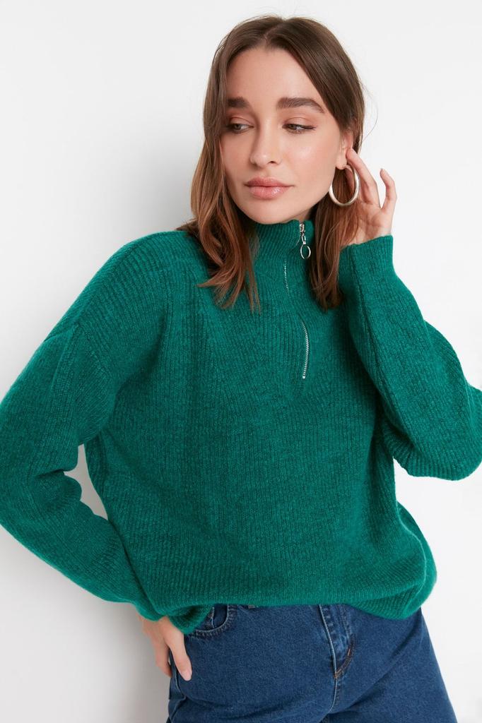 Женский свитер в элегантном стиле, зеленый мягкий текстурированный трикотаж на молнии, свитер