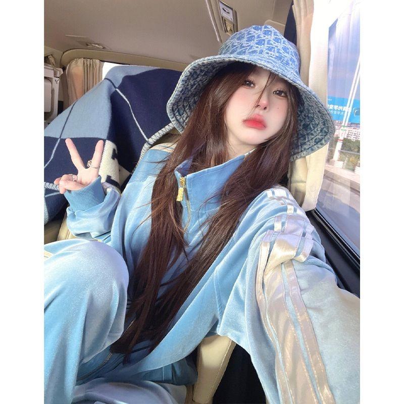 Gold Velvet Sports Suit Women's Spring and Autumn Dress High-end Retro Casual Sweater Zipper Coat Wide-leg Pants Two-piece Set