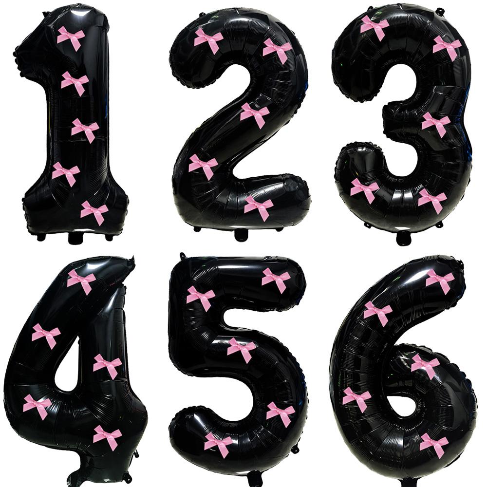 32inch Aluminum Film Black Bow Number Balloons Ribbon Bows Balloons for Birthday Decoration Supplies Anniversary Number Balloons
