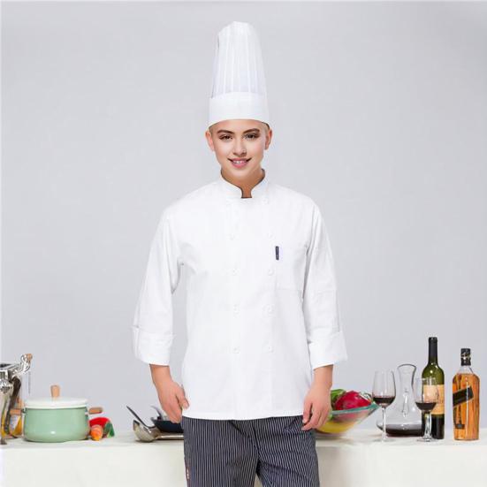Унисекс униформа шеф-повара с нагрудным карманом и воротником-стойкой, двубортная рубашка с длинными рукавами и воротником-стойкой, однотонная кухонная рубашка