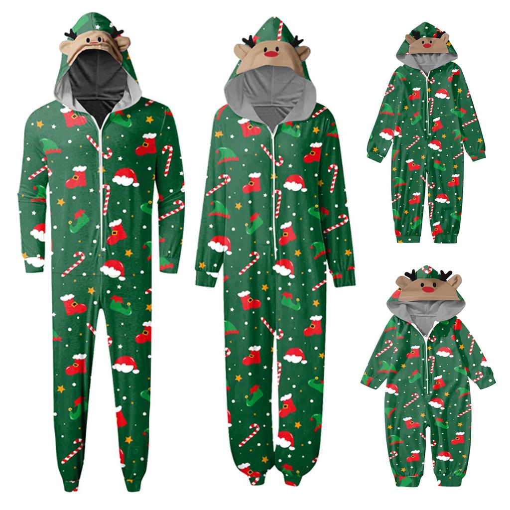 Christmas Print Family Matching Hooded Long Sleeved Zippered Jumpsuit Set