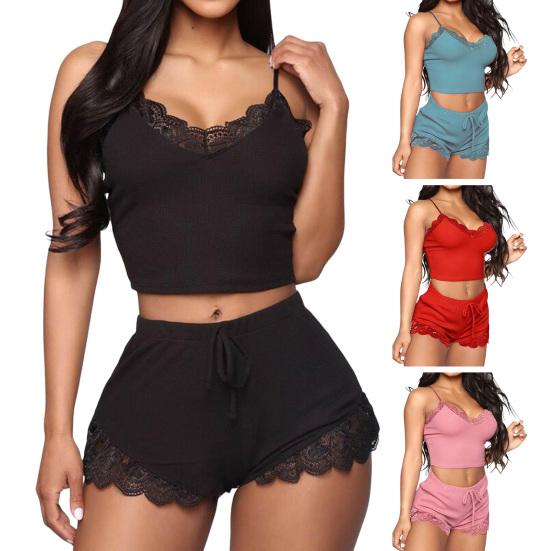 Женский пижамный комплект с кружевом и V-образным вырезом без рукавов, эластичный топ с эластичной резинкой и высокой талией, тонкий