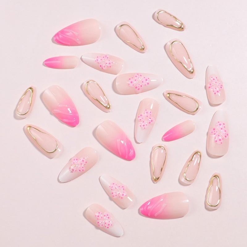 24Pcs False Almond Short False Nail Full Cover Stick on Nail French Tips Design Glossy Press On Nail for Women Girls