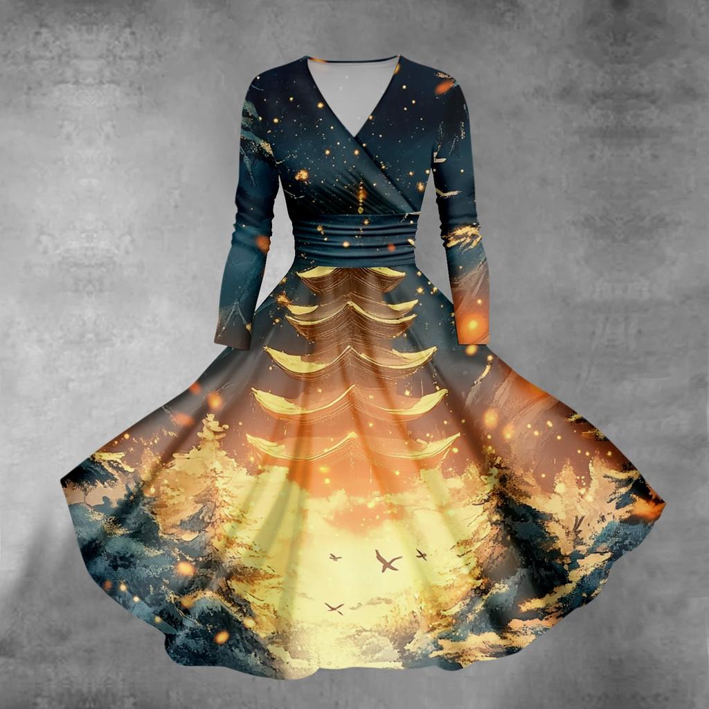 Женское облегающее платье свободного кроя с принтом рождественской елки и снежинок, V-образным вырезом и длинными рукавами