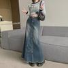 2024 Spring/Autumn High Waist Denim Fishtail Skirt with Lotus Leaf Design