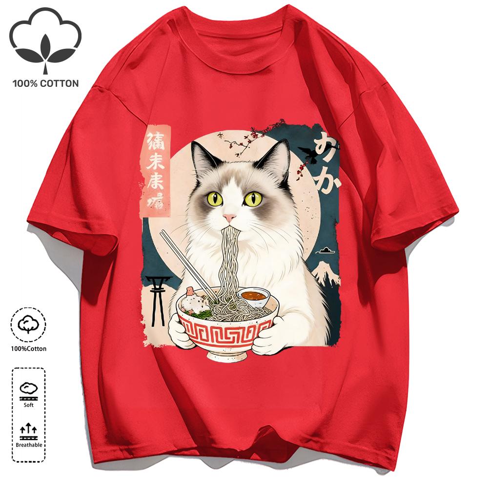 Puppet Cats Who Like To Eat Lamian Noodles T-Shirt Unisex Cotton O-Neck Tee Summer Loose Clothing Fashion Unisex Retro Short Sleeve