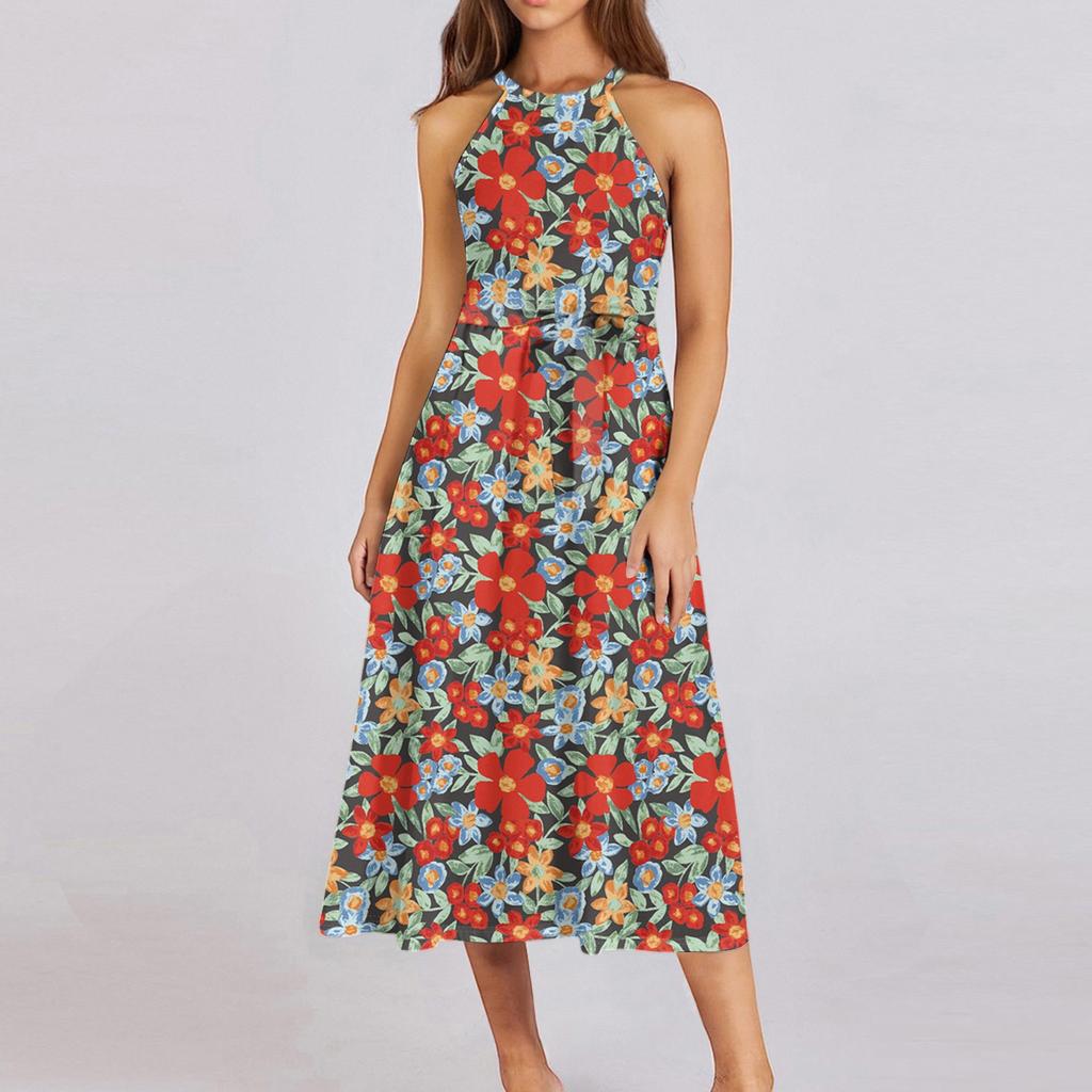 Женское повседневное платье миди с круглым вырезом, классическое, повседневное, без рукавов, свободное платье в стиле бохо с завязками, летний пляжный сарафан