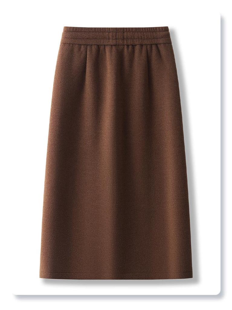 2024 Хаки Шерстяная Юбка Миди для Женщин – Осень/Зима, Эластичная Талия, Прямая Облегающая с Разрезом Спереди, Длина до Щиколотки