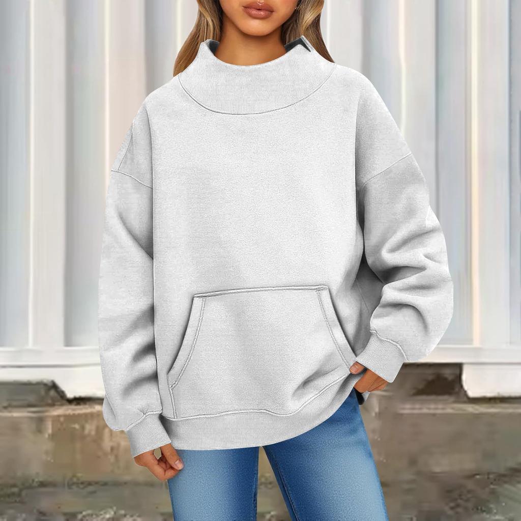 Женский модный повседневный однотонный пуловер с круглым вырезом, длинными рукавами и карманом, спортивный повседневный топ