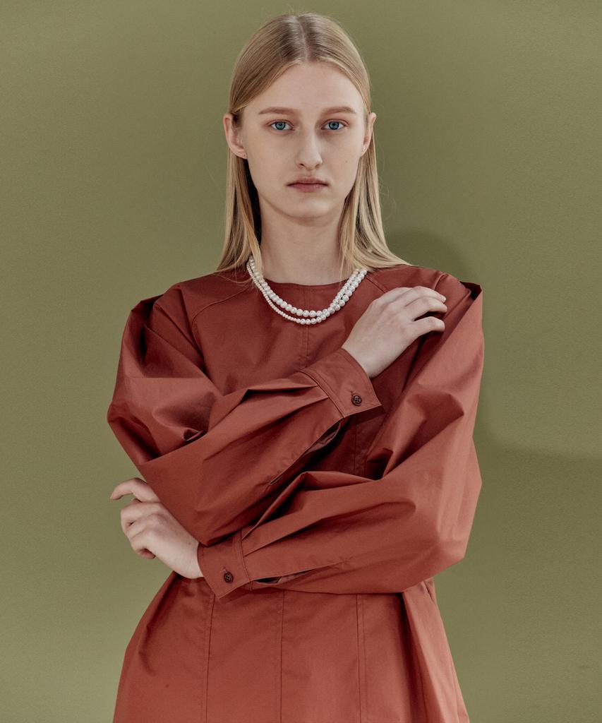 EN OR Volume Sleeve Tuck Dress - Orange