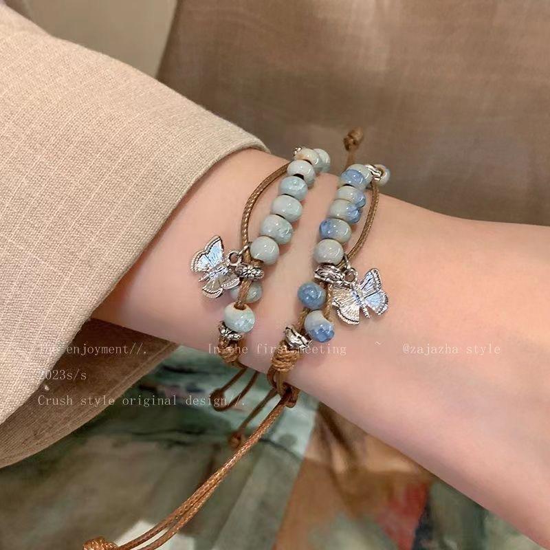 Chinese Butterfly Jingdezhen Ceramic Beaded Bracelet - Women's Retro Ethnic Style Hand Jewelry, Summer 2024