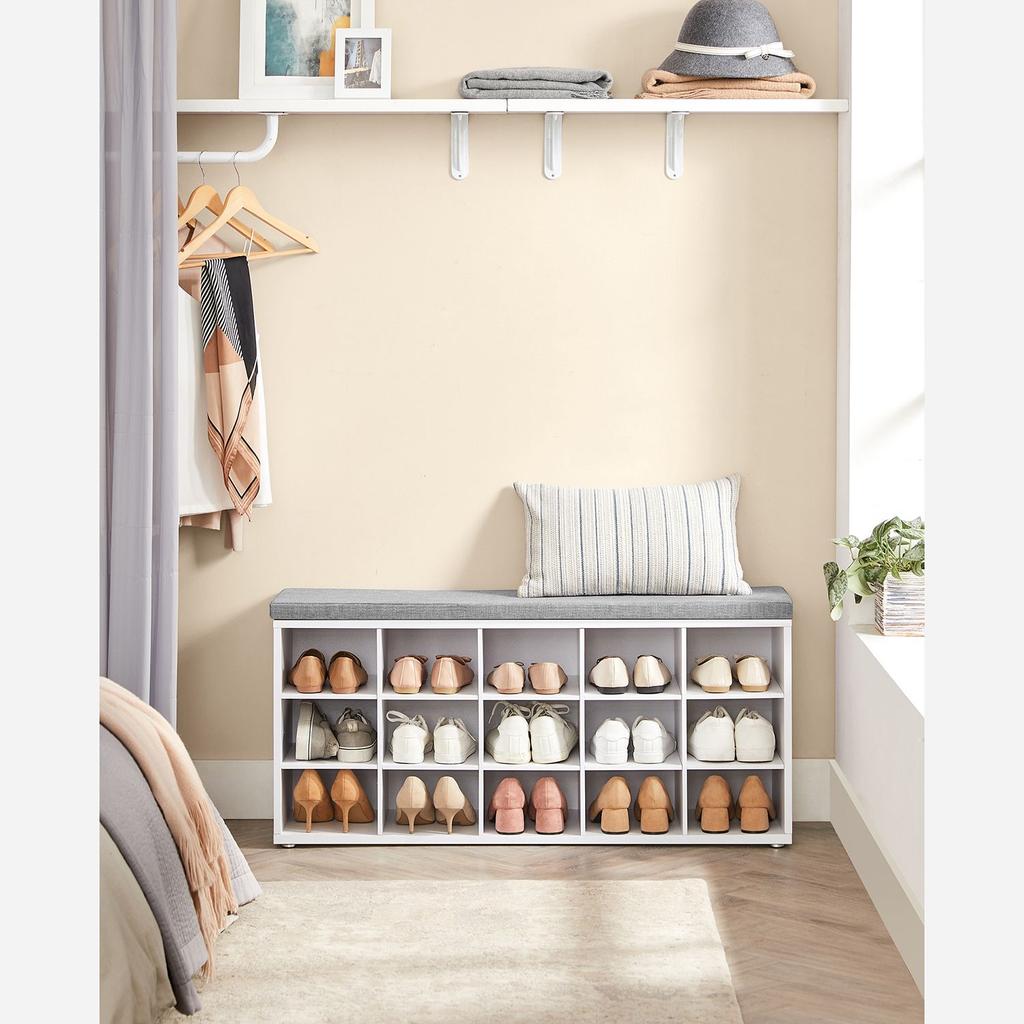 VASAGLE LHS15WT Shoe Bench Bench Shoe Rack with Seat with Cushion and 15 Compartments Storage Rack for Hallway Holds up to 200 kg White Grey